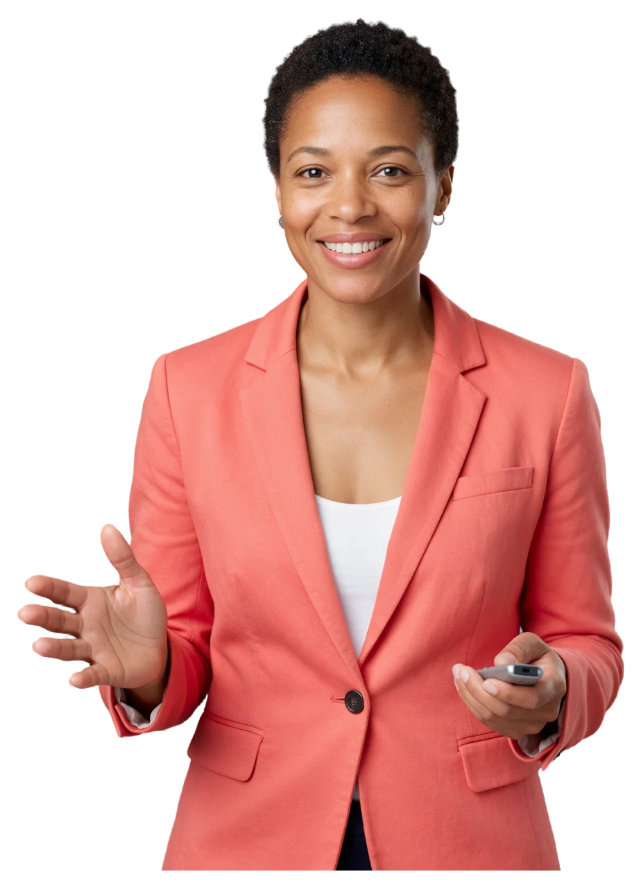 Woman in a coral blazer smiles at the camera while holding a remote and gesturing