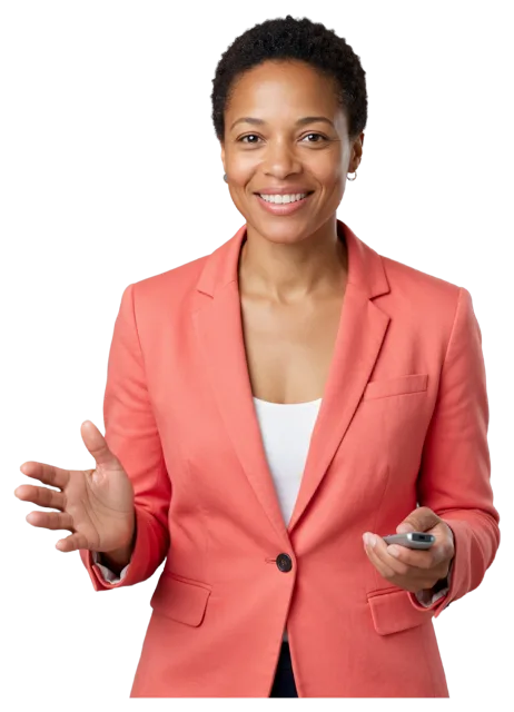 Woman in a coral blazer smiles at the camera while holding a remote and gesturing