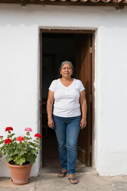 Mature Latina woman stands in a sunlit whitewashed doorway next to a potted geranium plant.