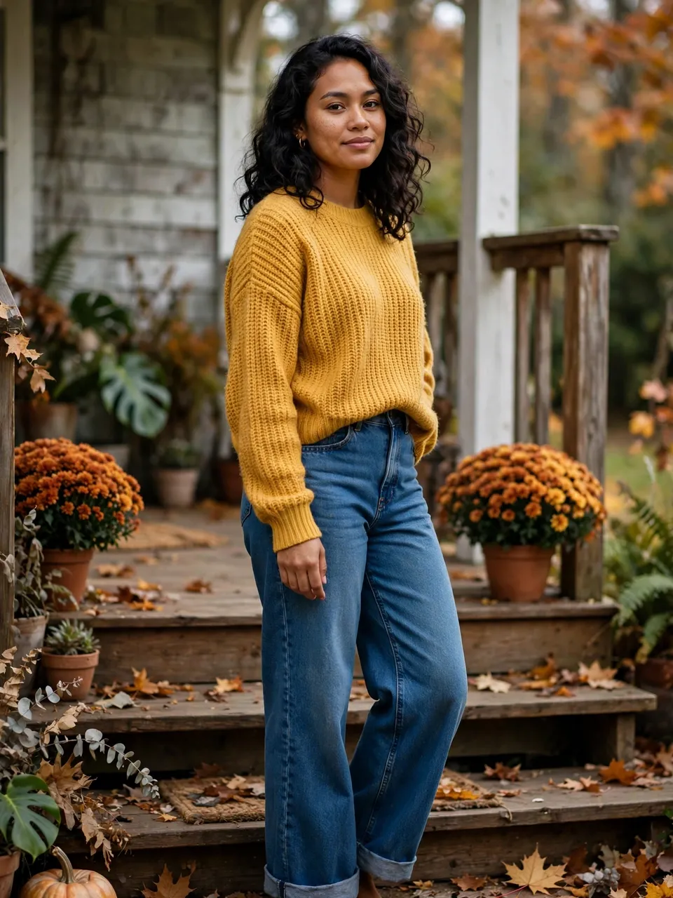 A Pacific Islander woman in a mustard sweater stands on rustic fall porch steps.