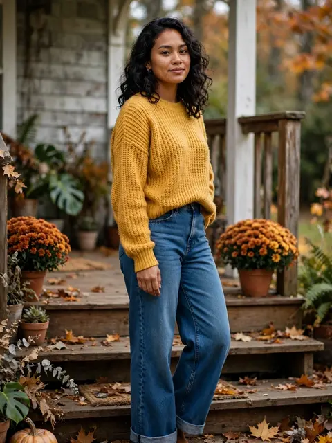 A Pacific Islander woman in a mustard sweater stands on rustic fall porch steps.