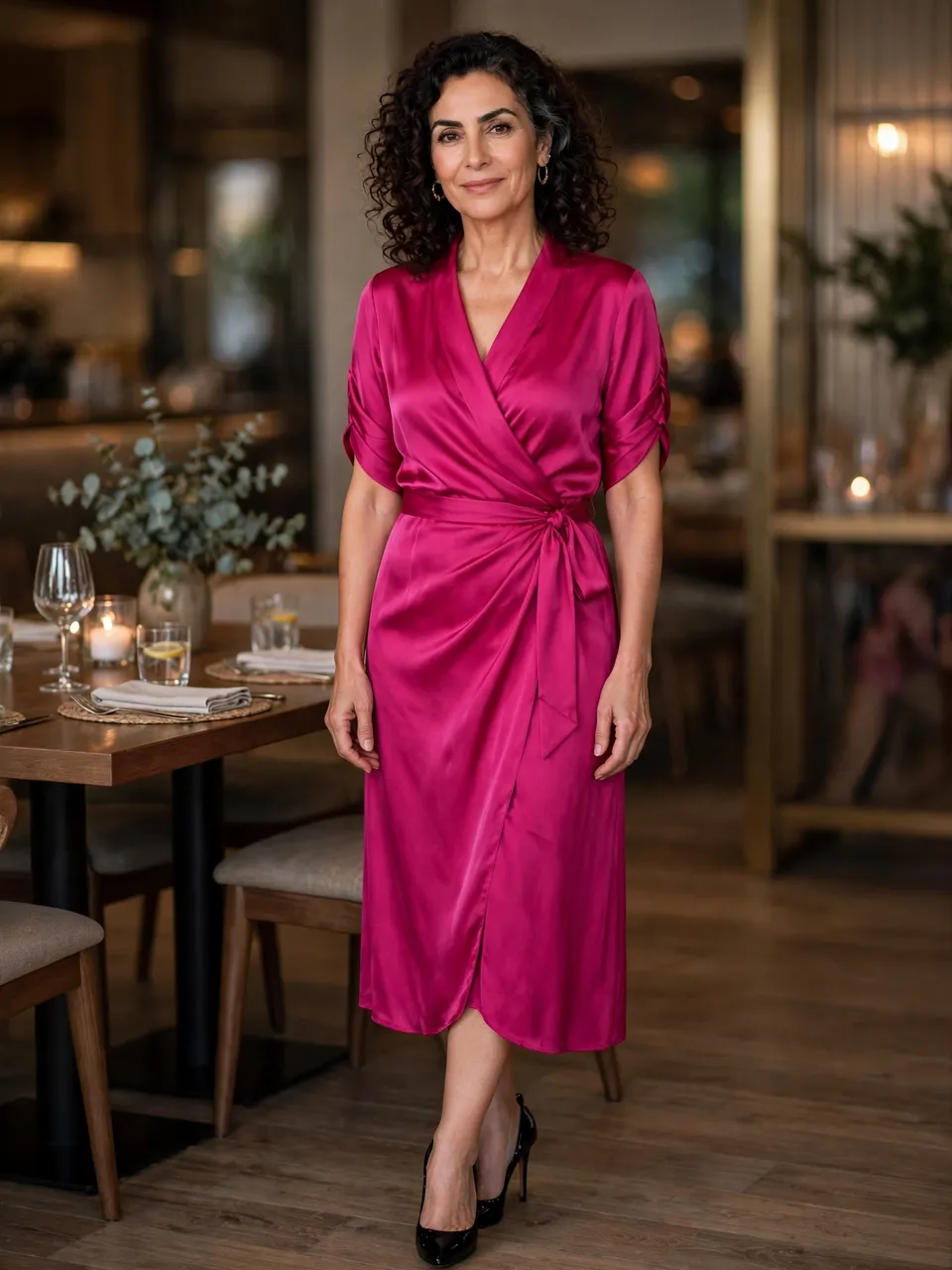 Middle Eastern woman in her forties wears a fuchsia silk wrap dress and black heels in a upscale restaurant dining room.