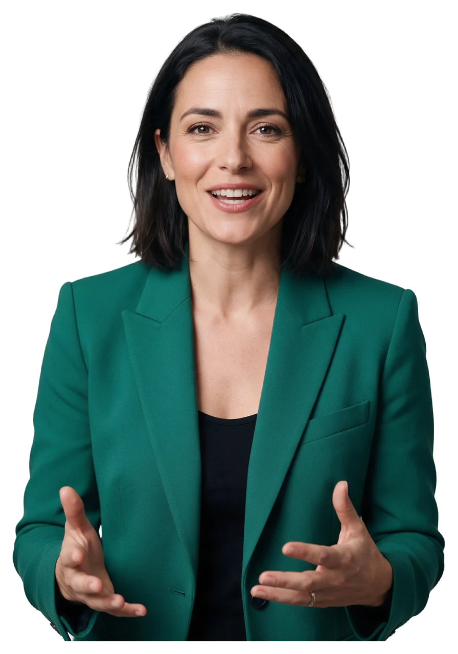 Confident woman in a tailored emerald blazer gestures while speaking with a warm smile