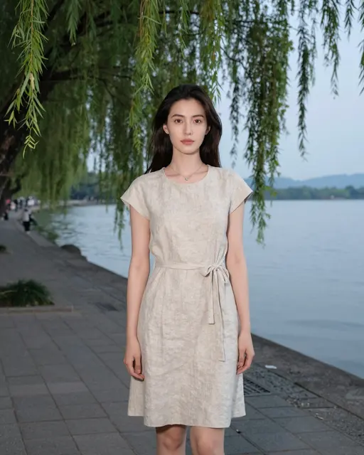 A woman in a beige linen dress stands on a paved lakeside promenade under willow branches at dusk.