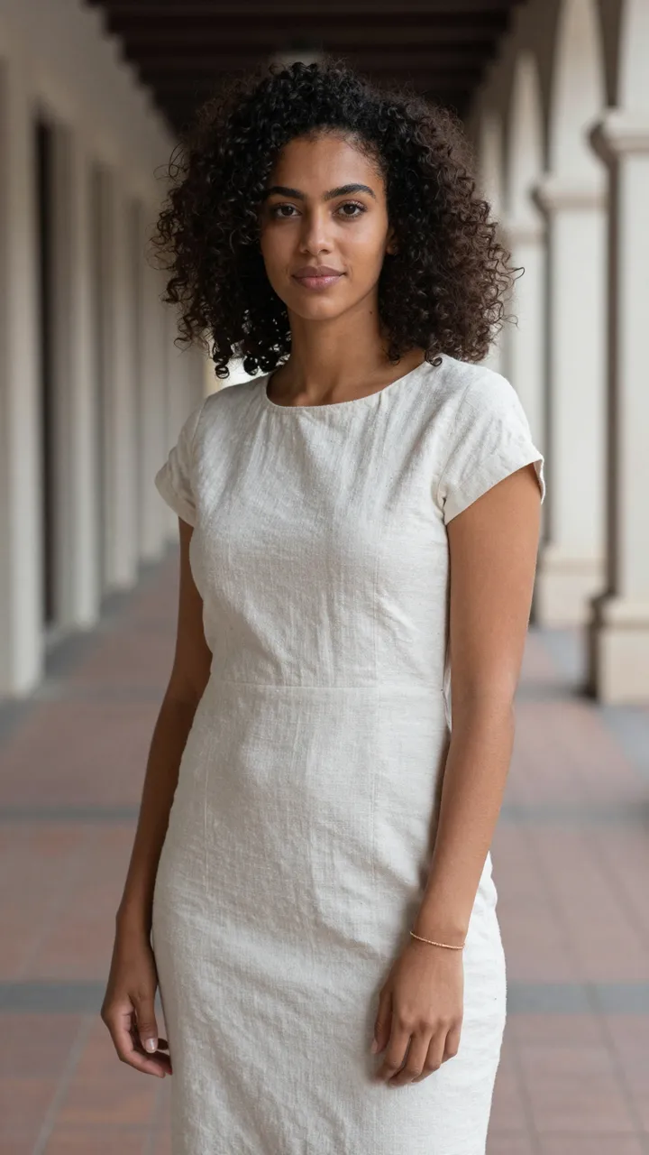 A mixed-race woman in a cream linen dress stands in a shaded stone arcade walkway