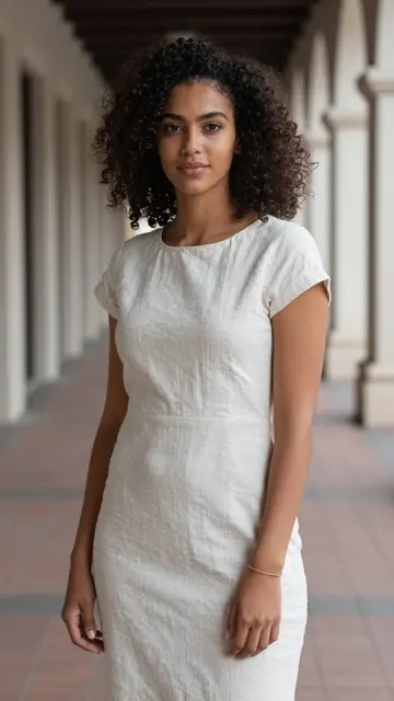 A mixed-race woman in a cream linen dress stands in a shaded stone arcade walkway