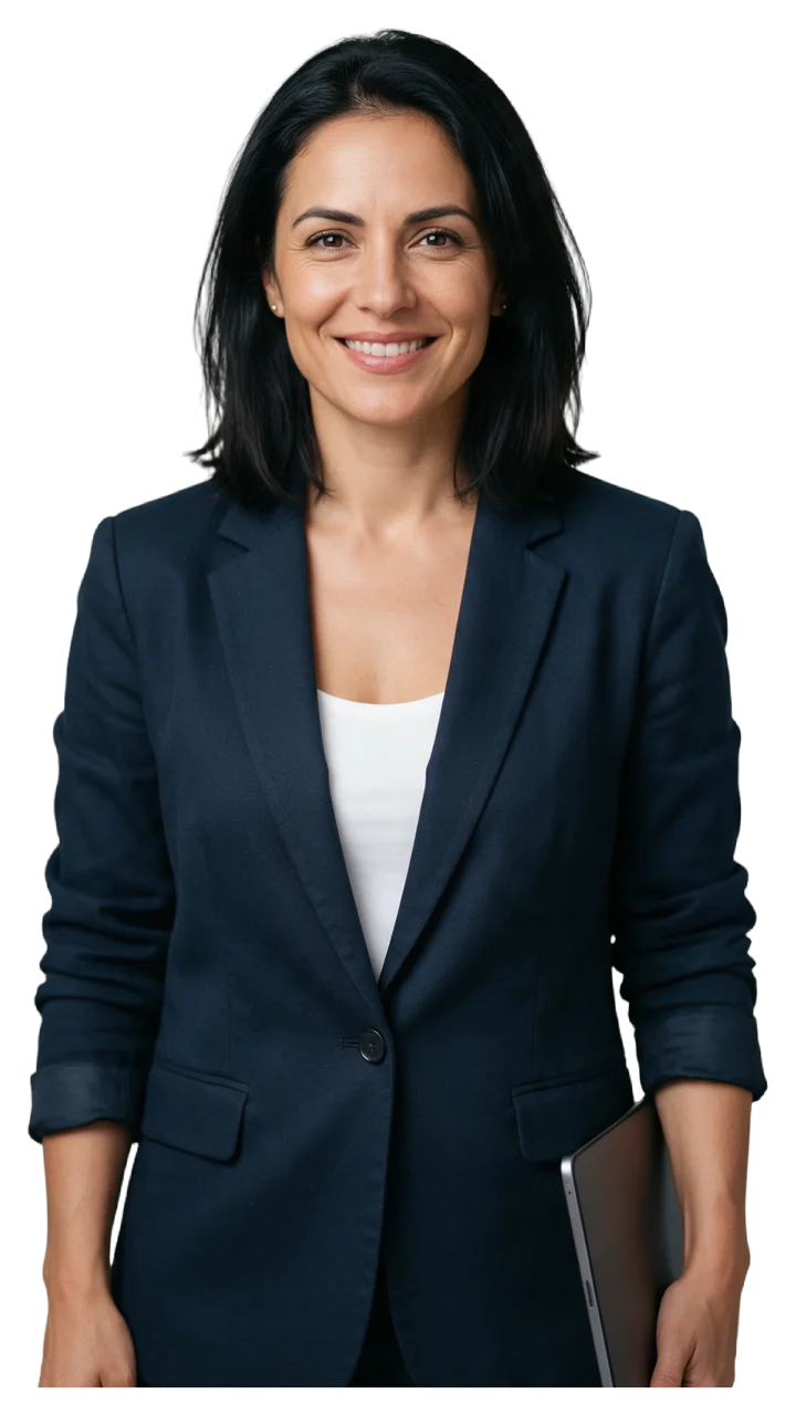 Mid adult woman in a navy blazer smiles warmly while holding a closed tablet