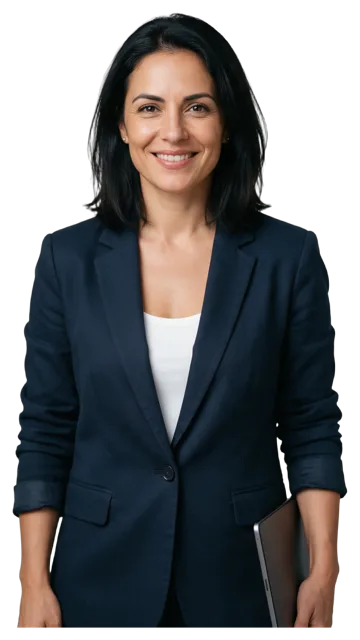 Mid adult woman in a navy blazer smiles warmly while holding a closed tablet