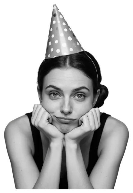 Black and white portrait of a woman in a polka dot party hat resting her chin on both hands with a playful expression