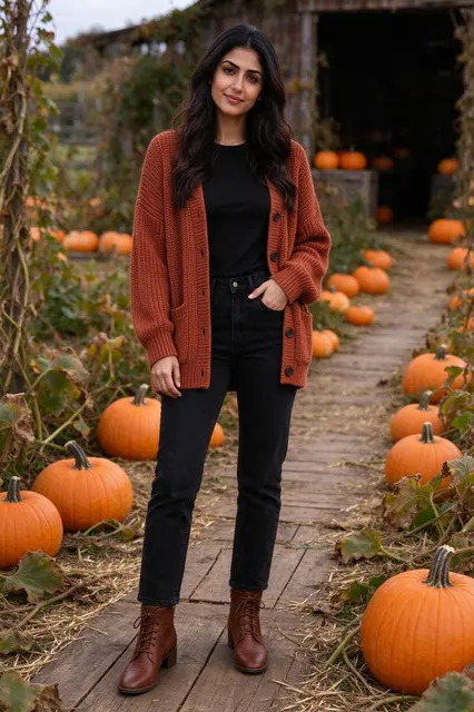 A Middle Eastern woman in a rust cardigan stands on a wooden path through a pumpkin patch next to a rustic barn.