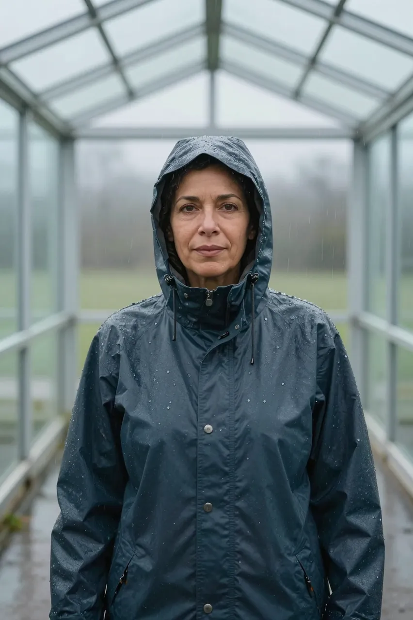A middle aged woman in a hooded rain jacket stands inside a glass shelter during rainfall
