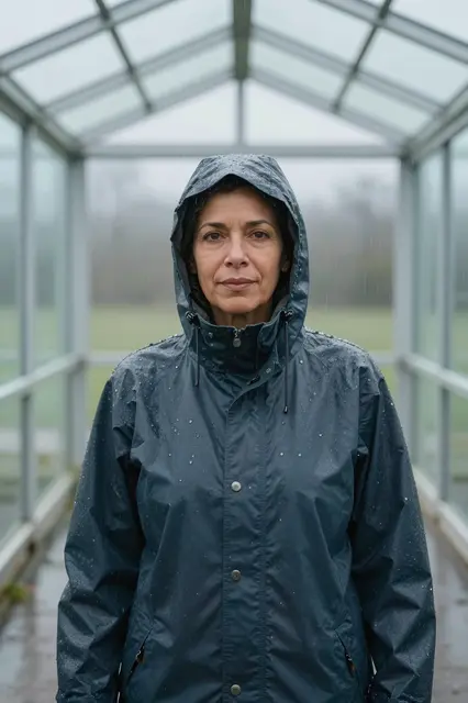A middle aged woman in a hooded rain jacket stands inside a glass shelter during rainfall