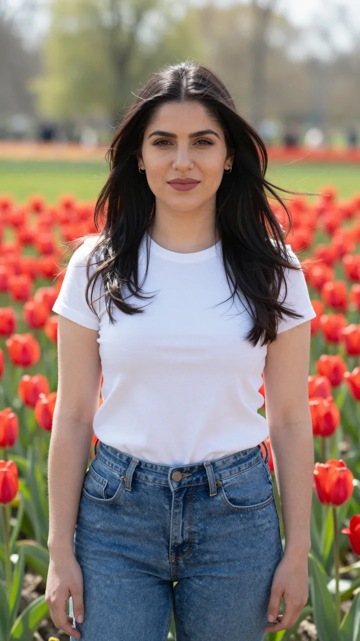 A woman in a white t-shirt and jeans stands in a sunlit field of red tulips with wind-blown dark hair.