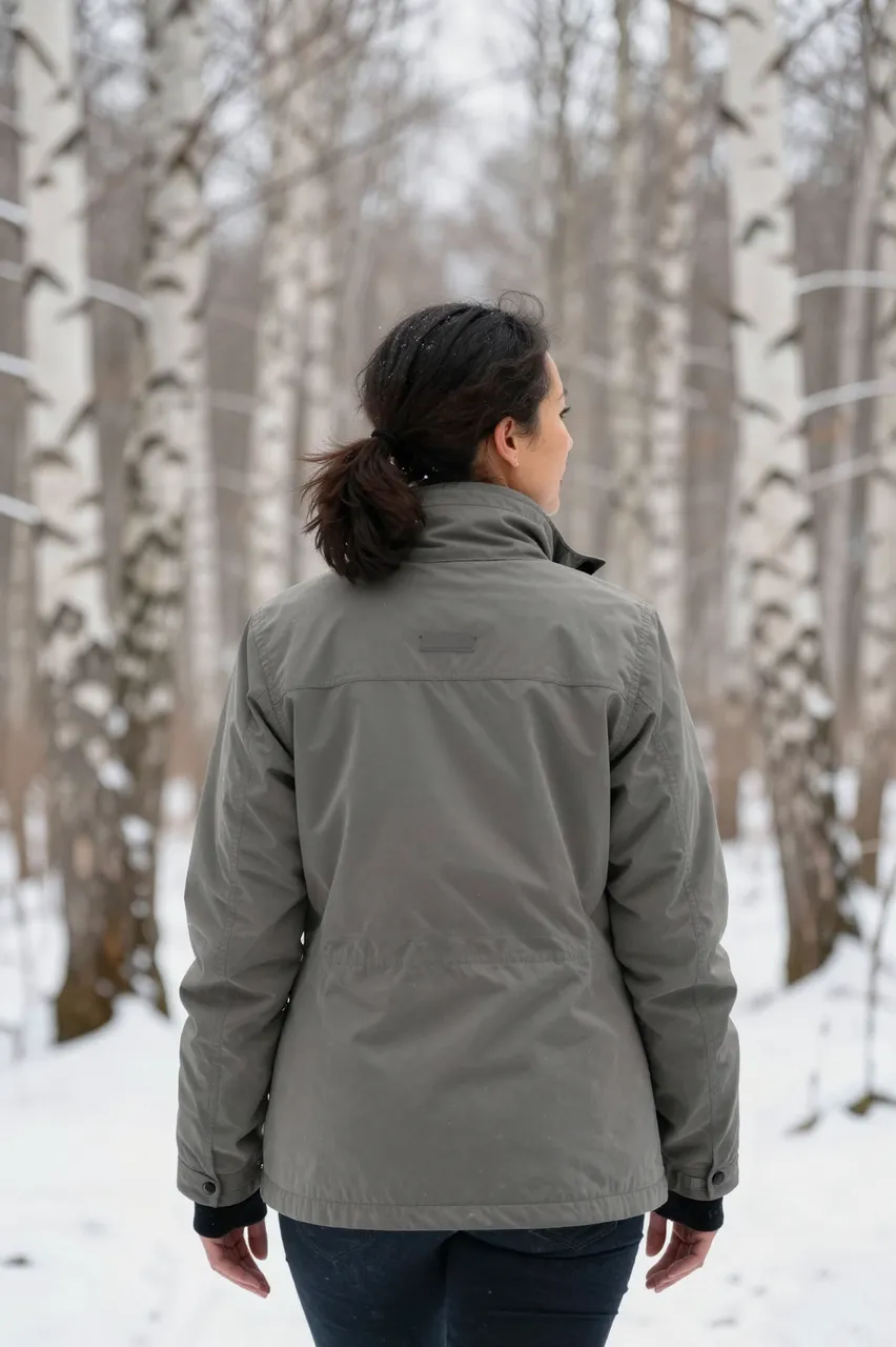 Back view of a mixed-race woman standing in a snow-covered birch forest after first snowfall