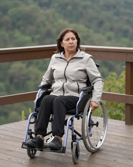 Middle aged Latina woman in a wheelchair sits on a wooden viewing platform overlooking a forested valley.