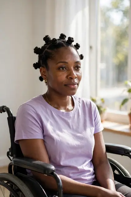 Black woman with Bantu knots in a wheelchair sits near a bright sunlit window wearing a lilac top.