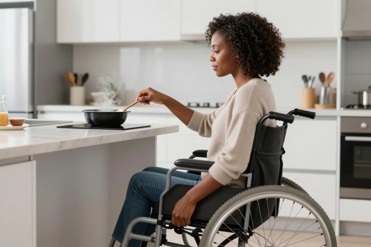 Side view of a Black woman in a wheelchair stirring food at a lowered kitchen counter