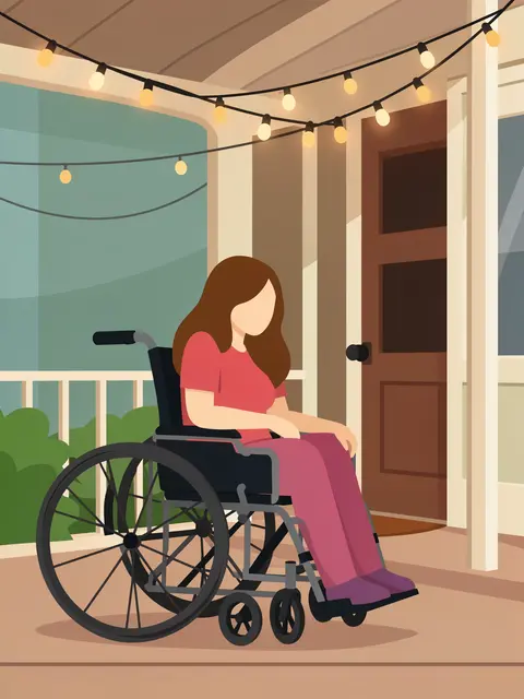 Faceless woman in a wheelchair sits on a home porch strung with glowing string lights.