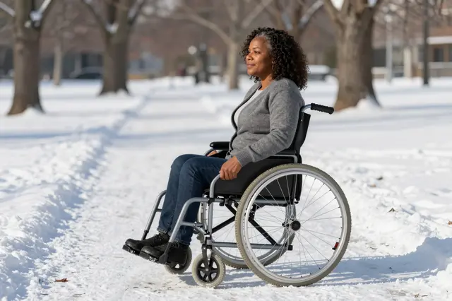 Side view of a Black woman in her forties seated in a wheelchair on a cleared snowy park path in bright winter sun