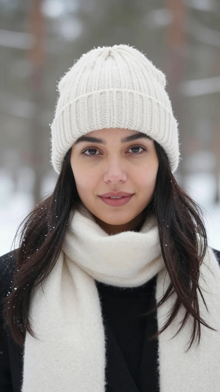 Portrait of a woman in a cream knit beanie and scarf standing in a blurred snowy winter forest