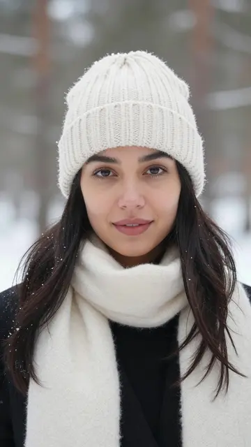 Portrait of a woman in a cream knit beanie and scarf standing in a blurred snowy winter forest