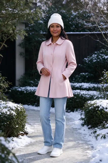 Pacific Islander woman in a pink winter coat stands on a snow dusted garden path smiling at the camera