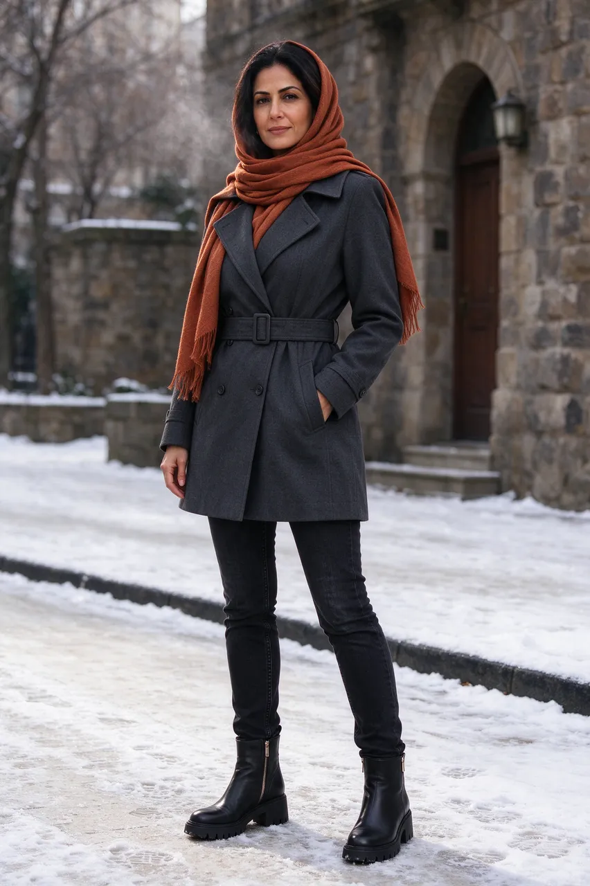 A middle aged Middle Eastern woman stands on a snowy sidewalk wearing a charcoal coat and rust scarf