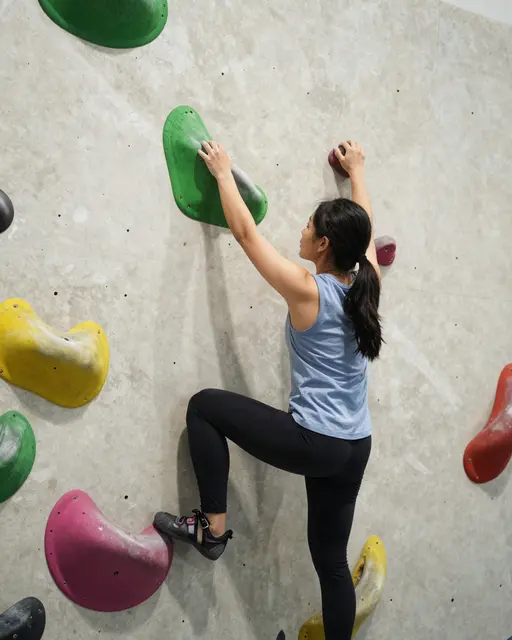 Back view of a young Southeast Asian woman gripping colorful holds on an indoor bouldering wall
