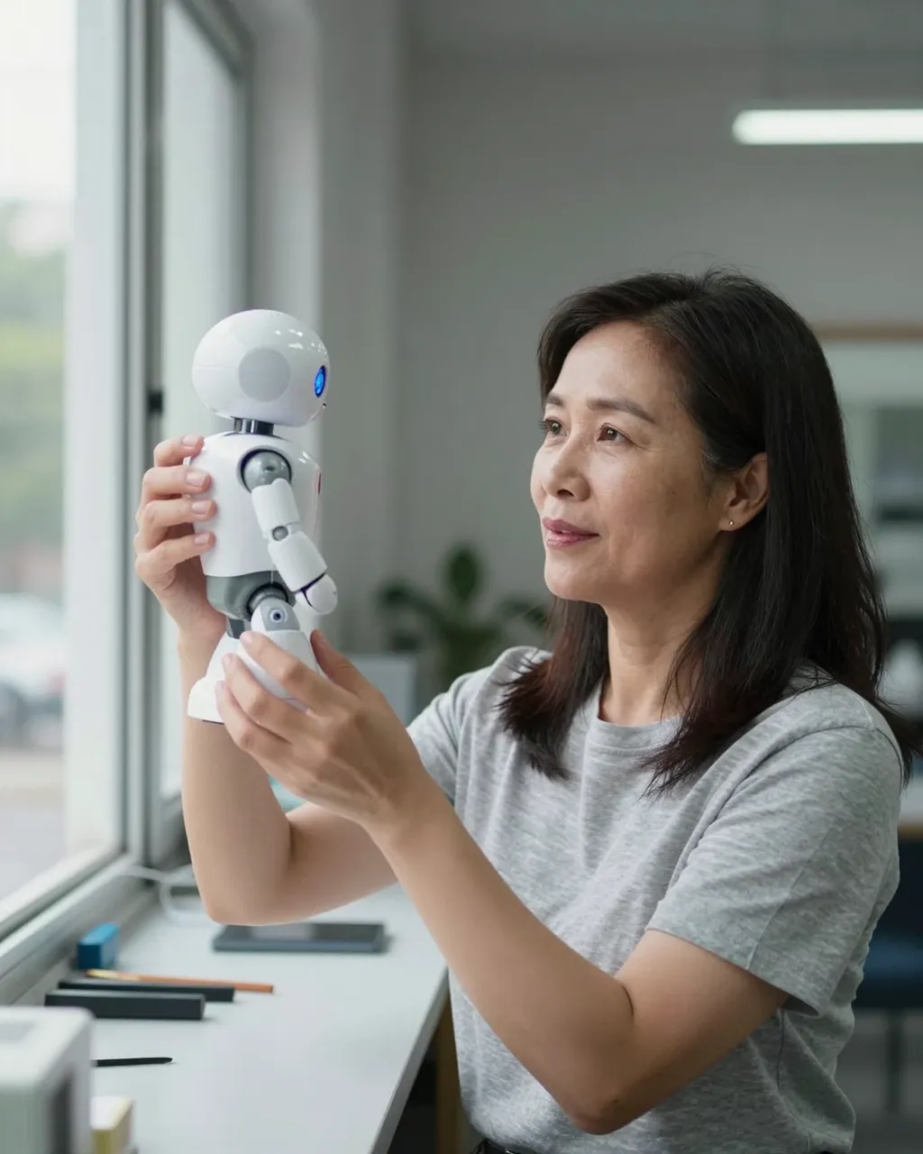 Middle aged Southeast Asian woman holds a small white robot up to window light to examine it in a maker workspace