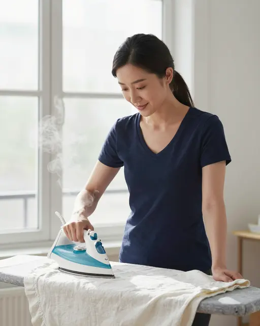 East Asian woman in her thirties uses a steam iron on linen fabric next to a bright window.