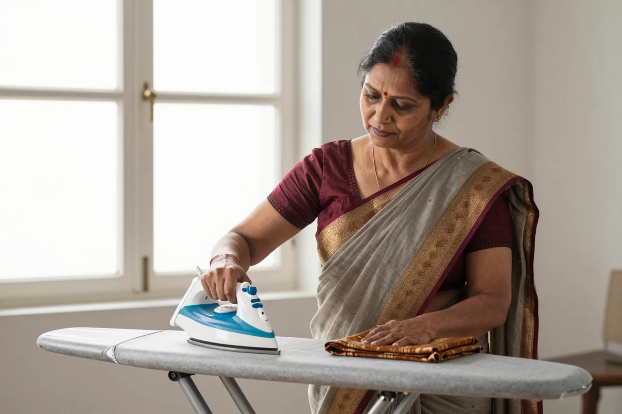 A South Asian woman in her fifties irons folded fabric on a padded ironing board by soft window light