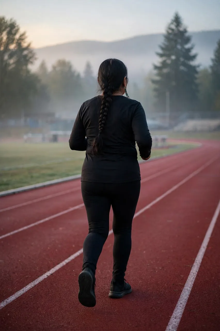 Seen from behind, a woman jogs along a red running track in soft misty dawn light