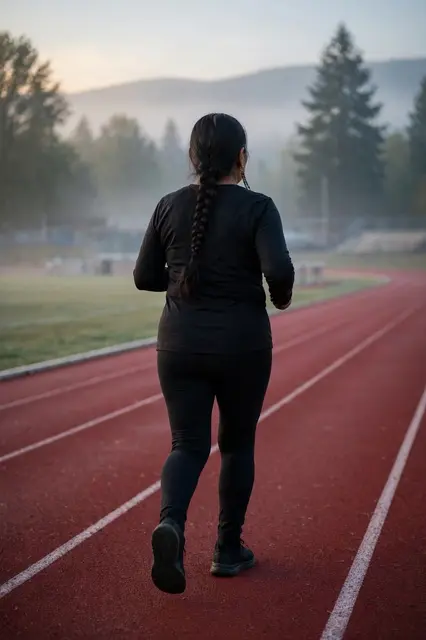 Seen from behind, a woman jogs along a red running track in soft misty dawn light