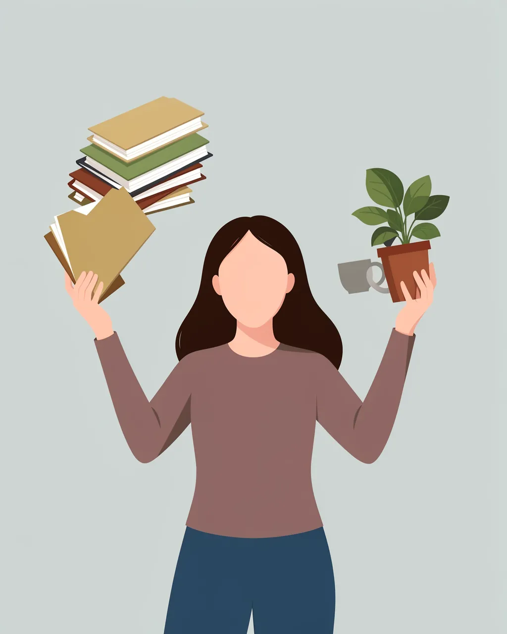 Faceless woman juggling work items including folders, a coffee cup and a houseplant against a muted gray background