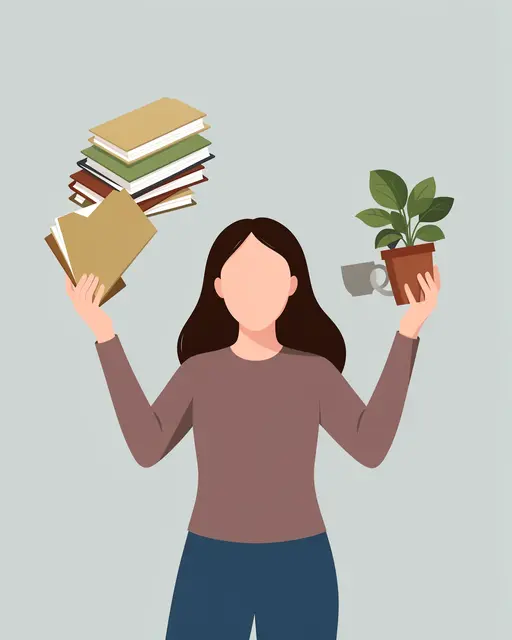 Faceless woman juggling work items including folders, a coffee cup and a houseplant against a muted gray background