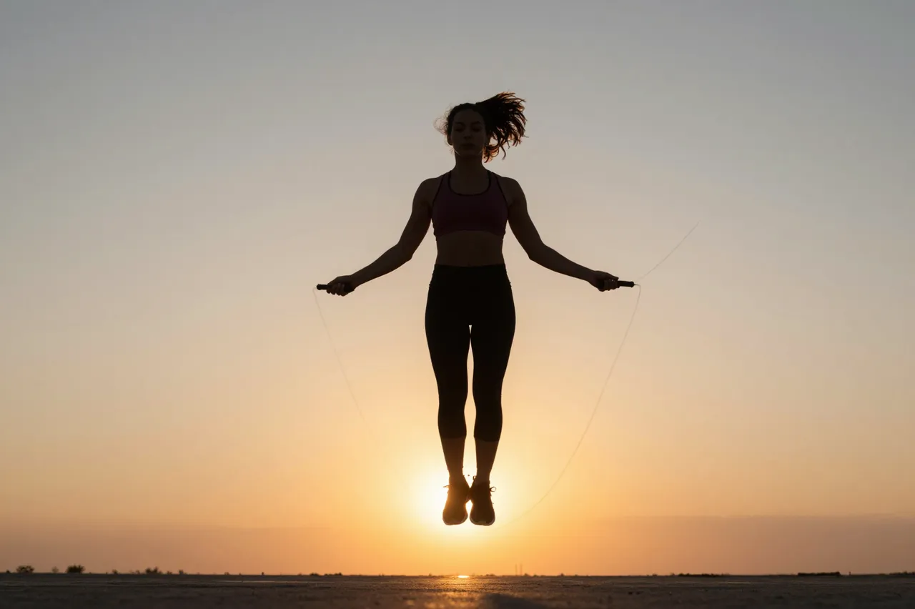 Silhouette of a woman mid-jump while holding a jump rope against a warm sunset sky