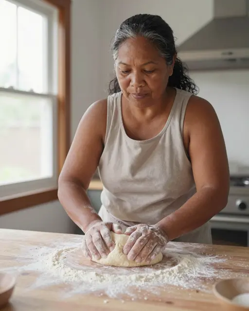 A mature Pacific Islander woman kneads floured bread dough on a sunlit wooden kitchen table.