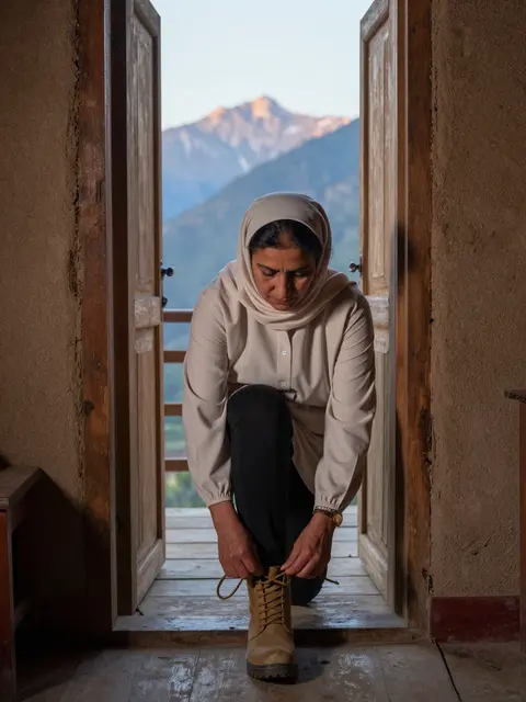 Middle Eastern woman in her fifties laces a hiking boot while kneeling in a mountain hut doorway at dawn
