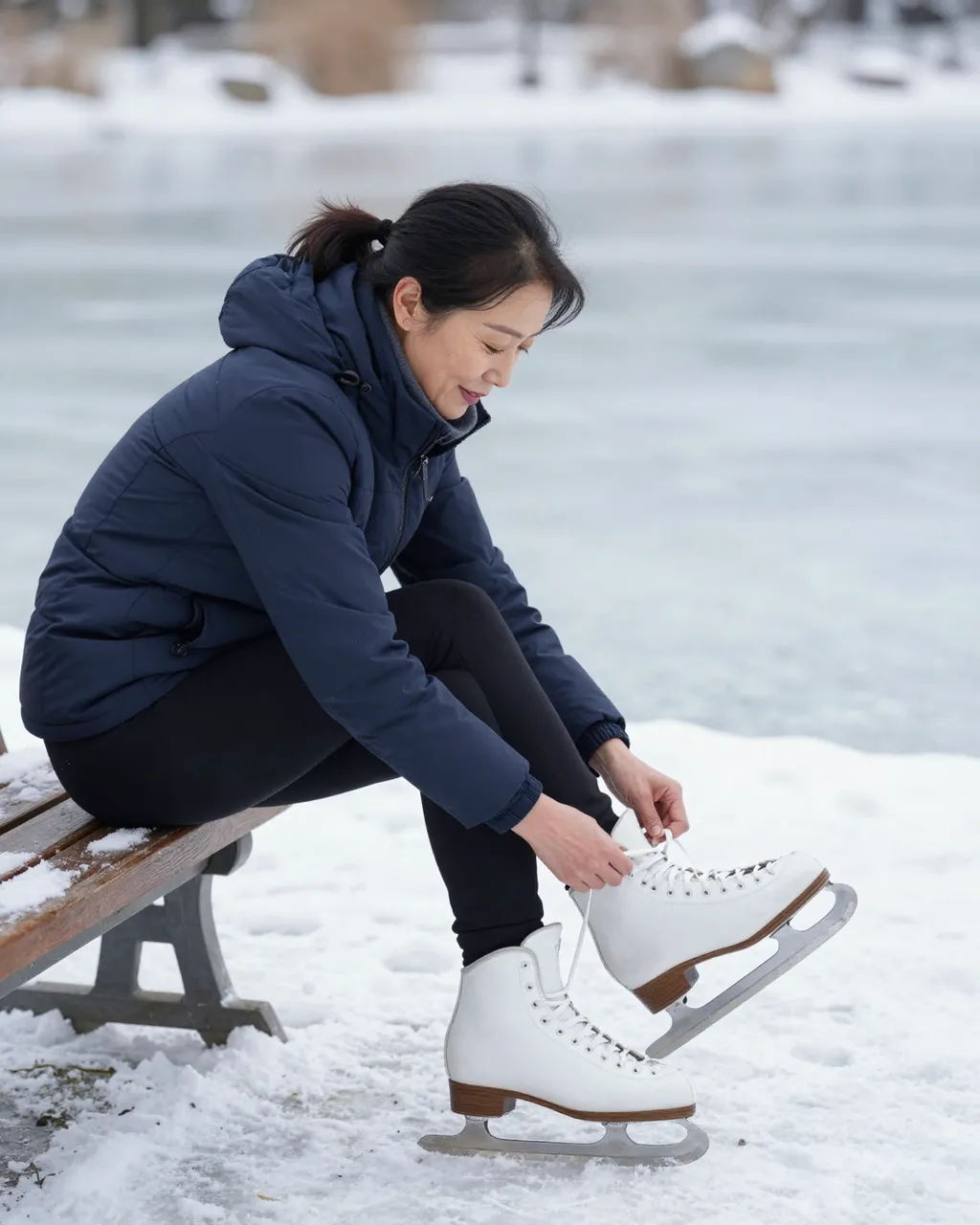 A middle aged East Asian woman sits on a snowy bench lacing her ice skates beside a frozen winter pond.
