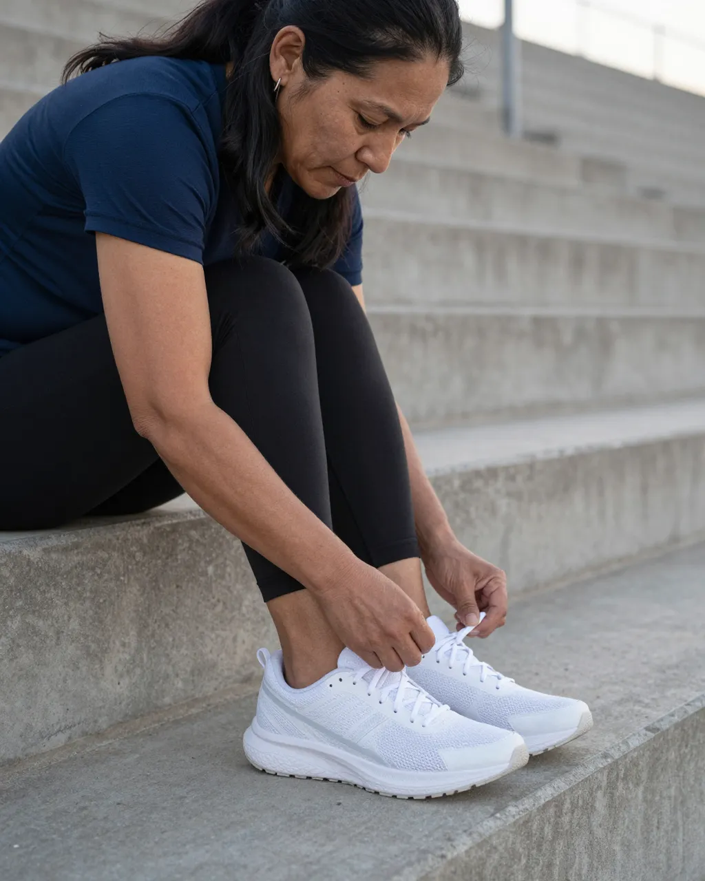 A woman in athletic wear sits on concrete stadium steps lacing plain white running shoes at dawn
