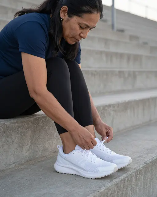 A woman in athletic wear sits on concrete stadium steps lacing plain white running shoes at dawn