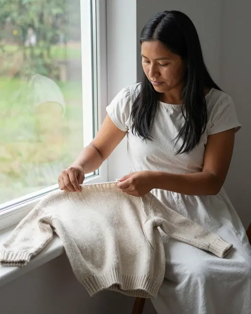 An Indigenous woman in a plain white dress arranges a hand-knit sweater on a windowsill beside sunny outdoor greenery.