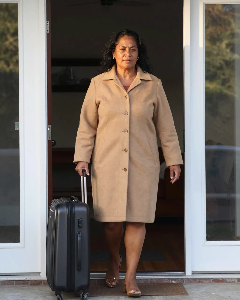 Middle aged Pacific Islander woman in a tan coat exits a front door pulling a wheeled suitcase at dawn