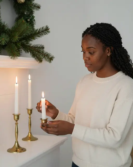 Black woman in a cream sweater holds a lit brass candlestick beside a pine decorated Christmas mantel
