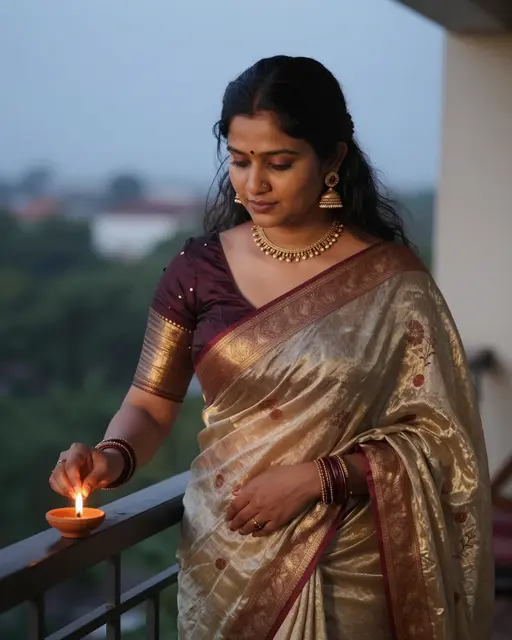 South Asian woman in a silk saree lights a clay diya on a balcony railing at twilight