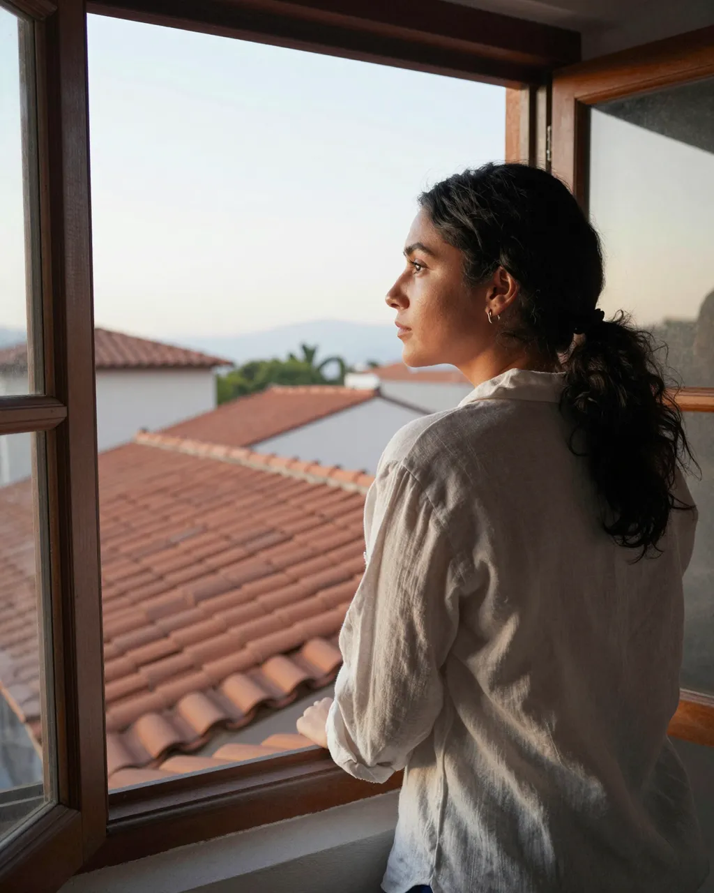 A woman in a linen shirt stands at a wooden window looking out over terracotta rooftops at soft dawn