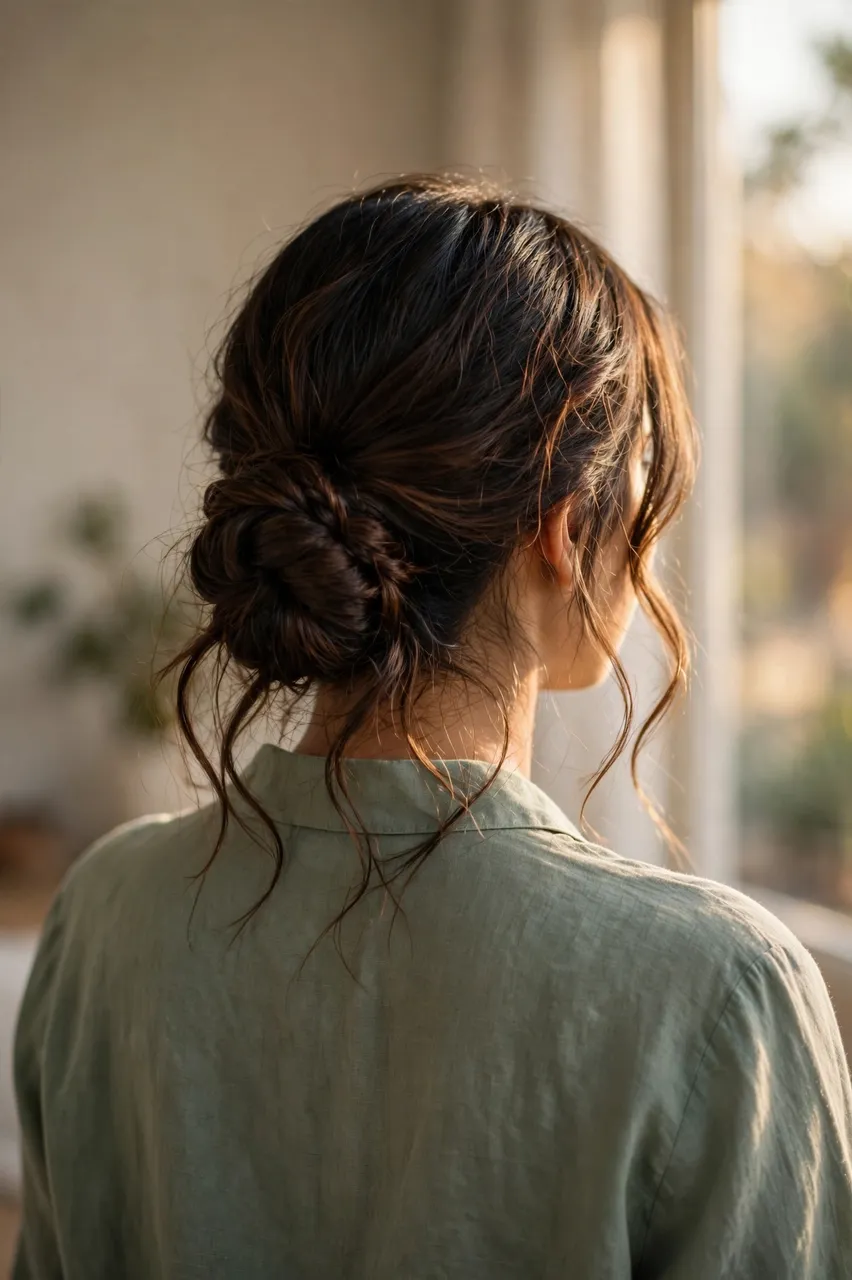 Back view of a woman with a braided bun in a sage blouse standing near a sunlit window