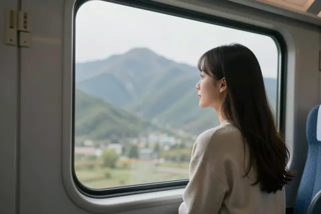 A side view of a young woman sitting on a train gazing at mountain scenery outside the window