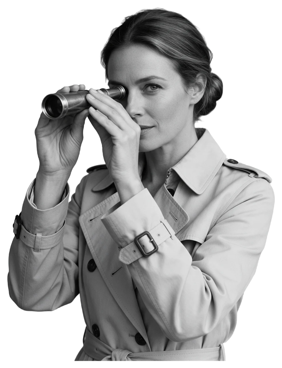 Black and white portrait of a woman holding a spyglass up to her eye while facing the camera