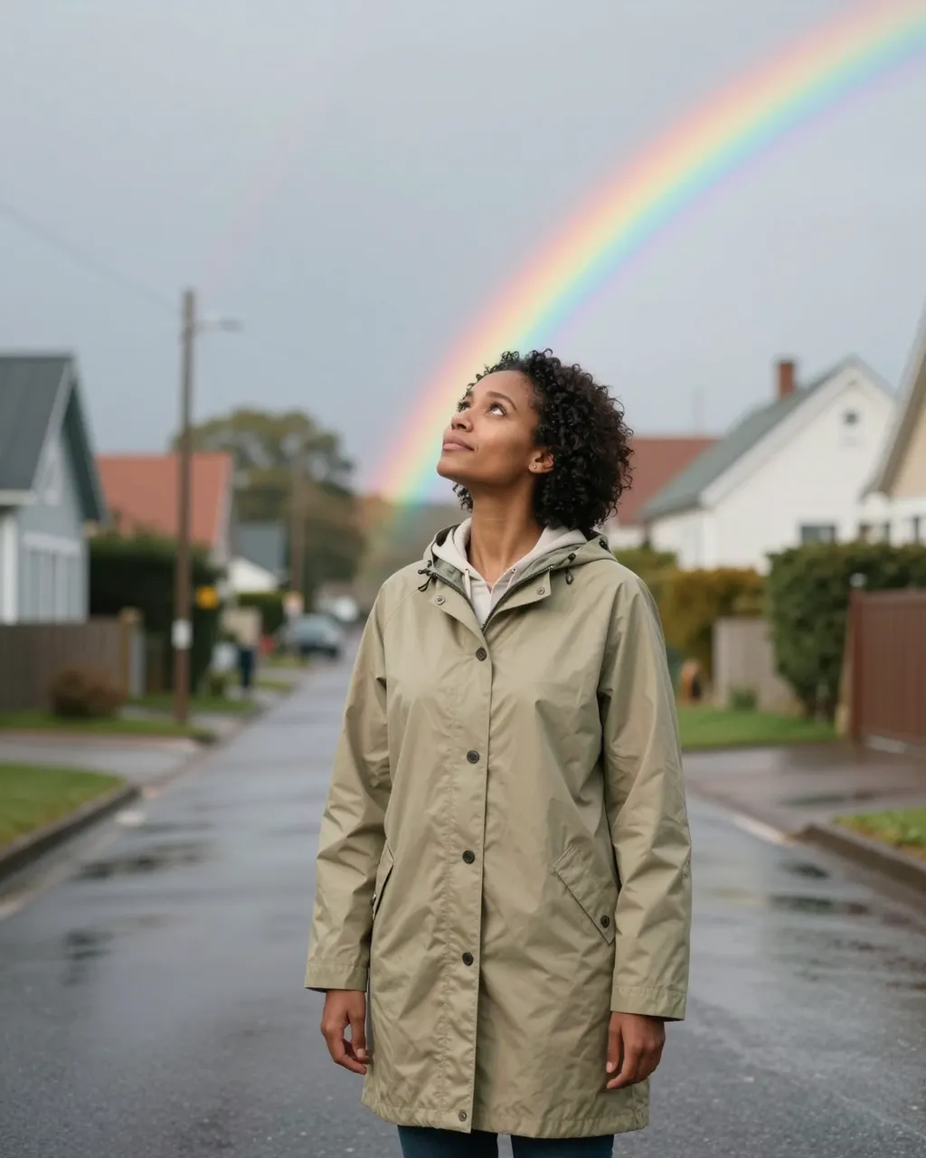 A mixed-race woman in a beige raincoat stands on a wet village street looking up at a rainbow